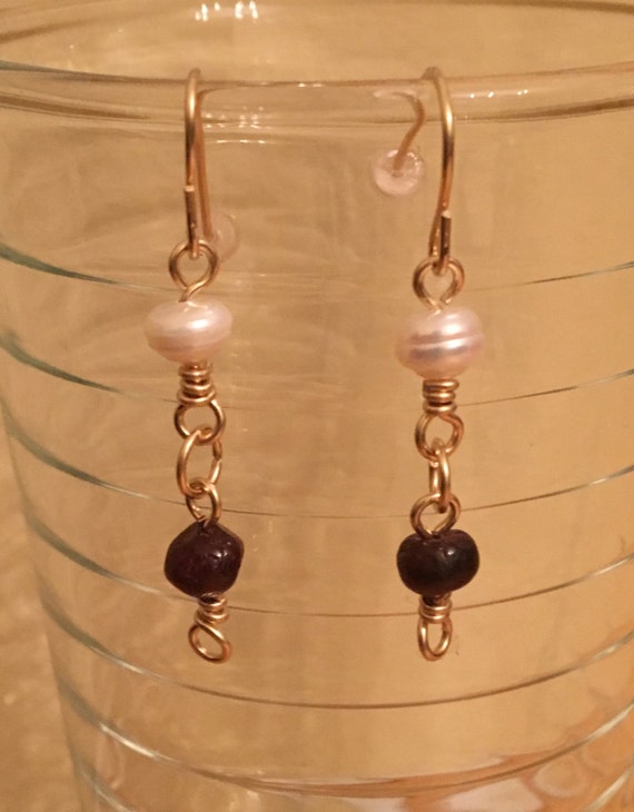 14K Gold Earrings with Garnet and Fresh Water Pearls and 14K Gold Filled Wire.