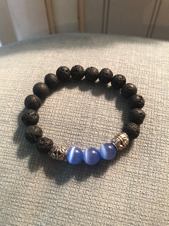 Aroma Therapy Bracelet made with Icy Blue Jade Beads and Lava Rock Beads.