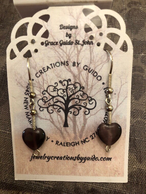 Heart Shaped Cats Eye and Sterling Silver Beaded Earrings wrapped with Sterling Silver Wire.