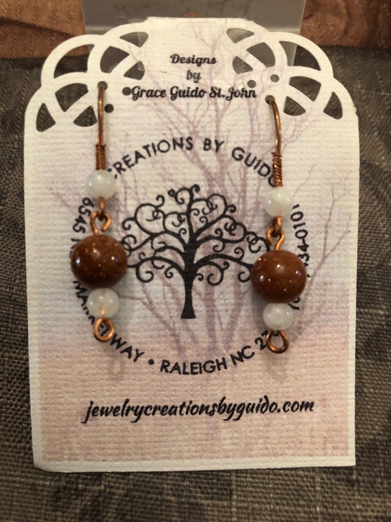 Goldstone and Moonstone Beaded Earrings wrapped with Copper Wire.