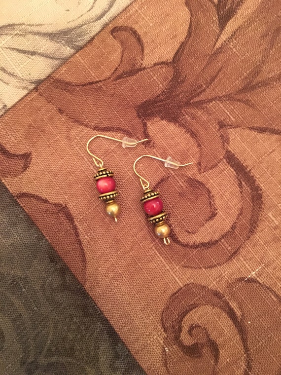 Red Shell Beaded Earrings wrapped with 14K Gold Filled Wire.