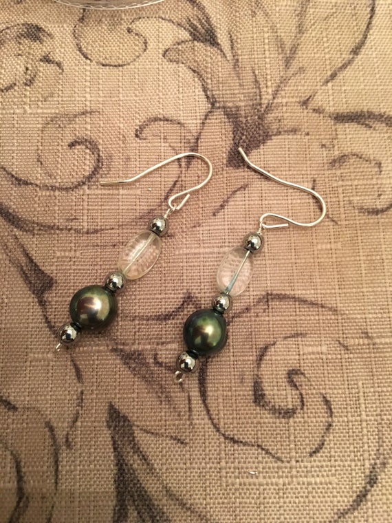 Fresh Water Pearls and Aquamarine Beaded Earrings wrapped with Sterling Silver Wire.