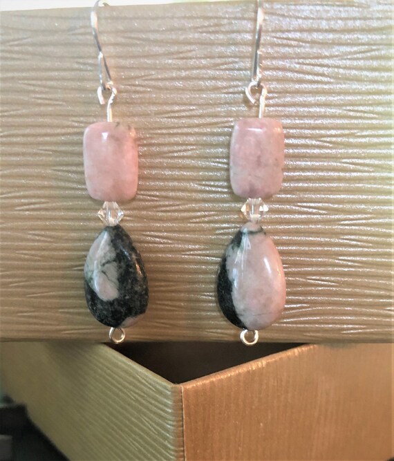 Rhodonite Earrings with Sterling Silver Wire and Swarovski Crystals.