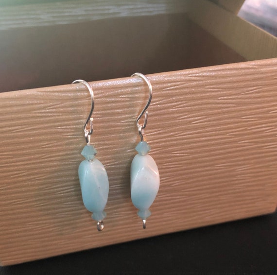 Amazonite Twist Earrings in Sterling Silver Wire and Swarovski Crystal Beads.