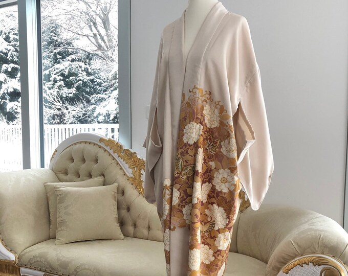 Rose Champagne silky long kimono jacket Cuffed M