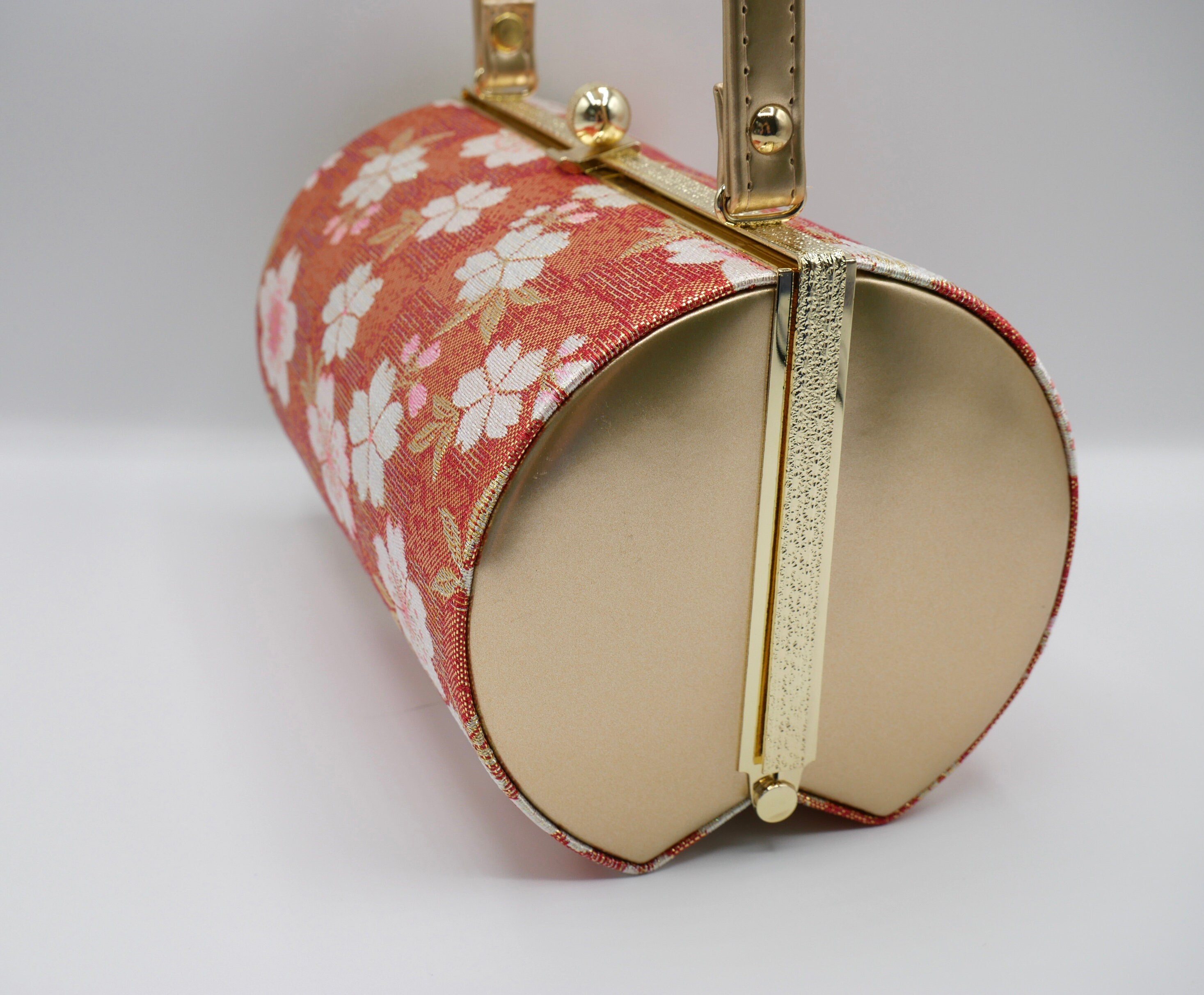 Vintage Kimono Bag With Cherry Blossom Pattern in Gold and Red