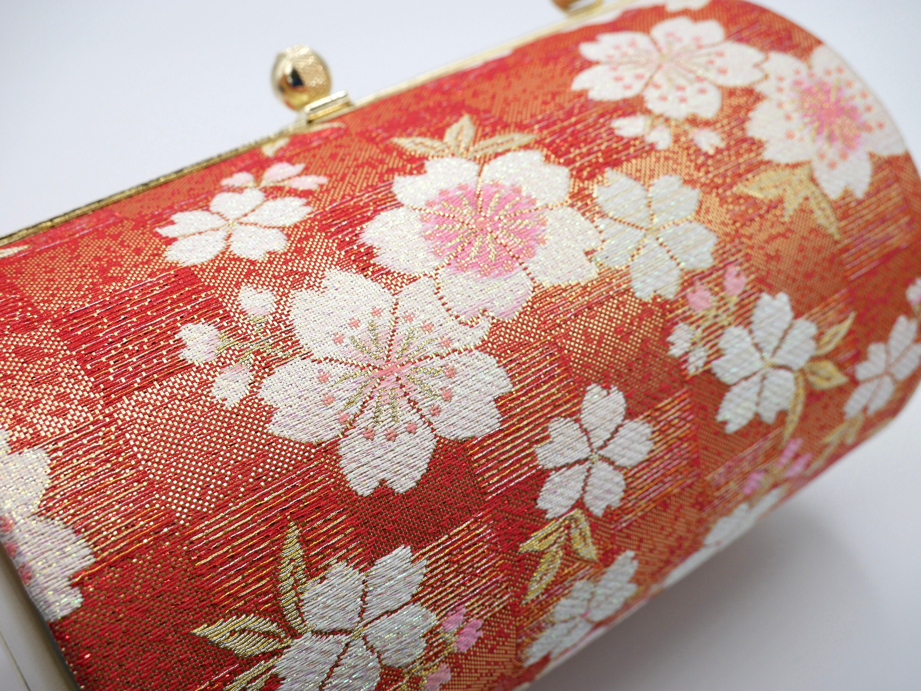 Vintage Kimono Bag With Cherry Blossom Pattern in Gold and