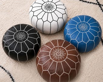 Puf marroquí de cuero hecho a mano – Cojín de meditación estilo bohemio, reposapiés otomana de cuero