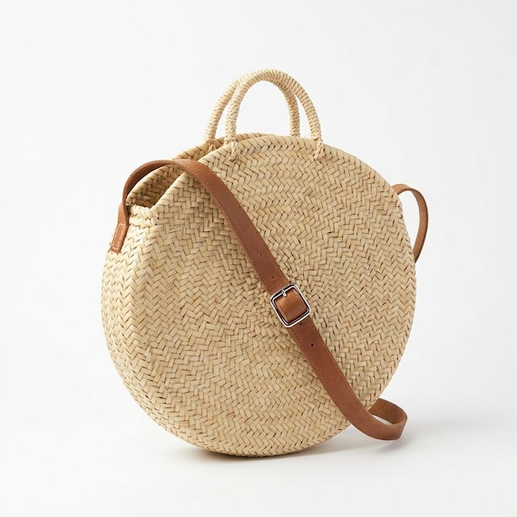 Handwoven Moroccan Straw Bag – Round Boho Leather Strap Crossbody Purse