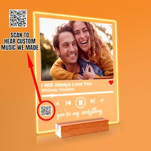 May include: A personalized acrylic plaque with a photo of a couple, featuring the song "I Will Always Love You" by Whitney Houston. The plaque includes a QR code and the text "you're my everything."