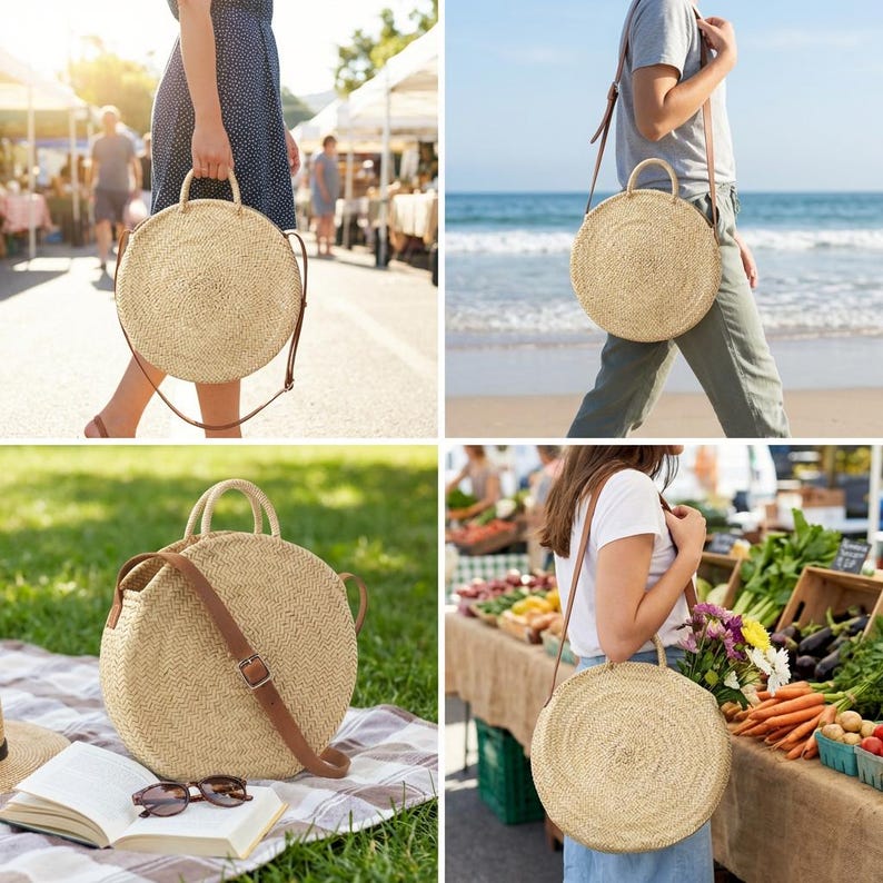 Handwoven Moroccan Straw Bag – Round Boho Leather Strap Crossbody Purse ...
