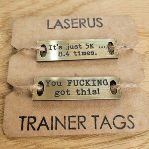 Trainer Tags - Couch to 5k - Marathon training - Gift for runner - Personalised metal shoe tags - London Marathon - Parkrun - Skyline Gold/black text