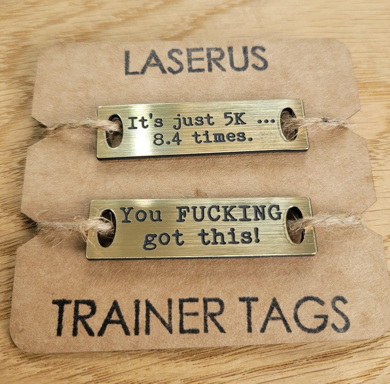 Trainer Tags - Couch to 5k - Marathon training - Gift for runner - Personalised metal shoe tags - London Marathon - Parkrun - Skyline Gold/black text