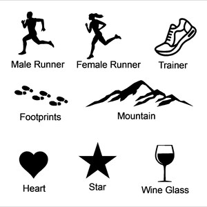 May include: Black and white illustrations of various icons, including a male runner, a female runner, a running shoe, footprints, a mountain, a heart, a star, and a wine glass.