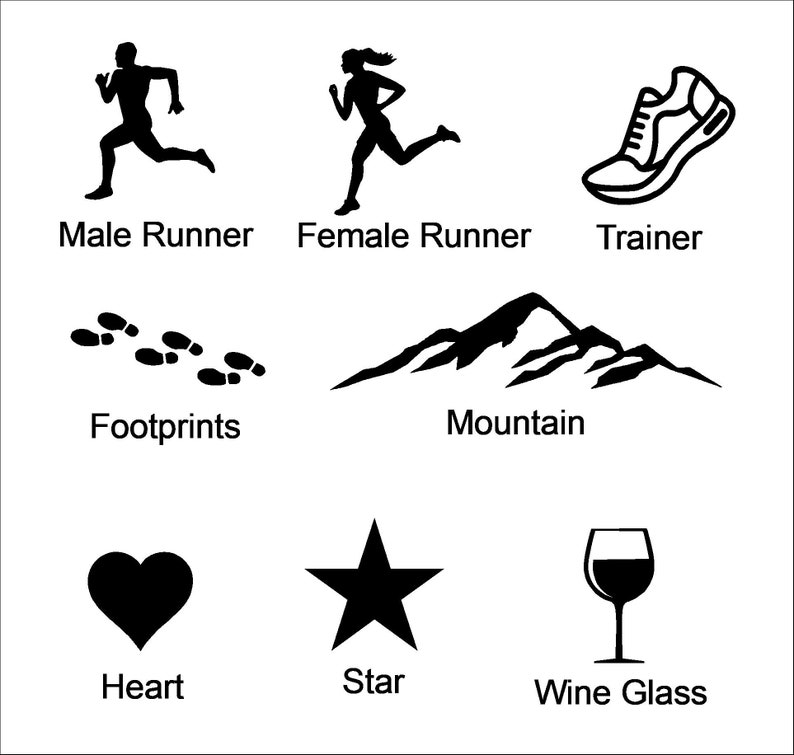 May include: Black and white illustrations of various icons, including a male runner, a female runner, a running shoe, footprints, a mountain, a heart, a star, and a wine glass.