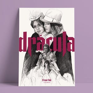May include: A monochrome illustration depicting two women in formal attire, with the title "Dracula" in a burgundy gothic font. The artwork includes a smaller illustration and the text "A Love Tale" below.