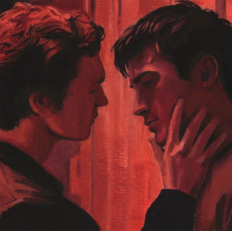 以下が含まれることがあります： 赤の色調で描かれたデジタル絵画で、向かい合う二人の人物が表現されています。一人の人物がもう一人の顎のラインに優しく手を触れています。両者とも暗い髪色で、胸から上がテクスチャのある背景を背にして描かれています。