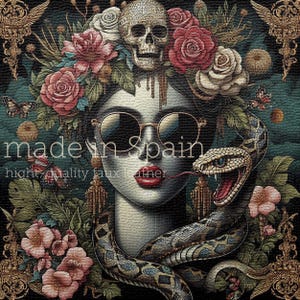 Panel de polipiel Calavera con flores para la producción de carteras, bolsos, tapicería de muebles • hecho en España