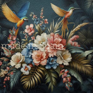 Panel Polipiel Cuadro Selva diseño colibrí y flores para la elaboración de carteras, bolsos, tapicería de muebles • hecho en España