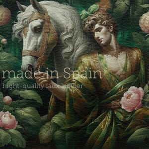 Panel de cuero sintético arte renacentista hermosos hombres en diseño de pintura verde para la producción de carteras, bolsos, tapicería de muebles