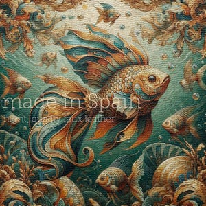 Panel Polipiel Mar bajo el agua Pintura pez dorado diseño para la producción de carteras, bolsos, tapicería de muebles • hecho en España