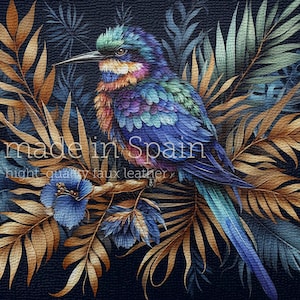 Panel Polipiel Diseño pájaro Jungle Blue en palmas doradas para la elaboración de carteras, bolsos, tapicería de muebles • hecho en España
