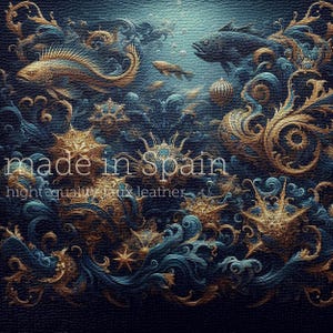 Panel Polipiel Pintura submarina marina diseño fish&wave para la producción de carteras, bolsos, tapicería de muebles • hecho en España