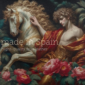 Panel de cuero sintético arte renacentista hermosos hombres de rojo con diseño de pintura de caballos para la producción de carteras, bolsos, tapicería de muebles