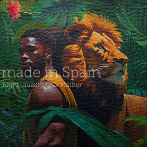 Panel Polipiel Cuadro Selva con diseño de Hombre y León para la elaboración de carteras, bolsos, tapicería de muebles • hecho en España