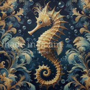 Panel de polipiel bajo el agua Caballito de mar diseño de pintura al óleo para la producción de carteras, bolsos, tapicería de muebles • hecho en España