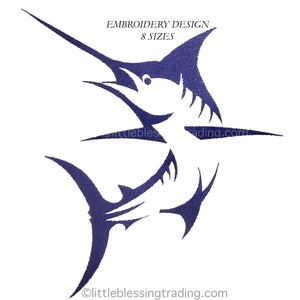 May include: Two blue marlin fish silhouettes, one jumping out of the water and the other swimming below. The image is a digital embroidery design available in 8 sizes.