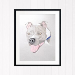 Op de afbeelding: Een ingelijst portret van een hond, met een close-up van zijn hoofd en schouders. De hond heeft een grijze en witte vacht, met een roze tong. Hij draagt een blauwe halsband. Het kunstwerk zit in een zwarte lijst.