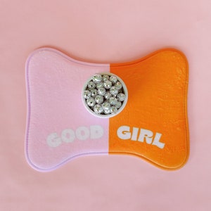 Good Girl Dog Mat, Pink/Orange Placemat, Cute Dog Gift, Pet Accessory, Trendy Pet Gift, Colorblock Dog Bone, Gift for Dog Lovers, Girl Dog image 1