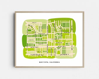 May include: A framed print featuring a stylized map of Mar Vista, California. The map is rendered in shades of green and white, with street names and major roads clearly labeled. The text "MAR VISTA, CALIFORNIA" is at the bottom.