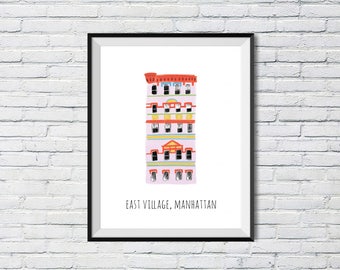 East Village Building Print, New York City Illustration, NYC Print, East Village Art, East Village Decor, NYC Building Print