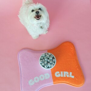 Good Girl Dog Mat, Pink/Orange Placemat, Cute Dog Gift, Pet Accessory, Trendy Pet Gift, Colorblock Dog Bone, Gift for Dog Lovers, Girl Dog image 2