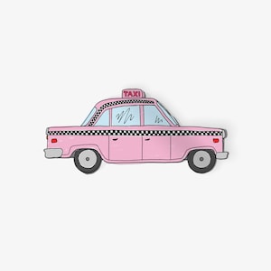 May include: A pink cartoon taxi with a black and white checkered pattern along the top and side. The word "TAXI" is displayed on a sign on the roof. The car has two doors and two wheels.