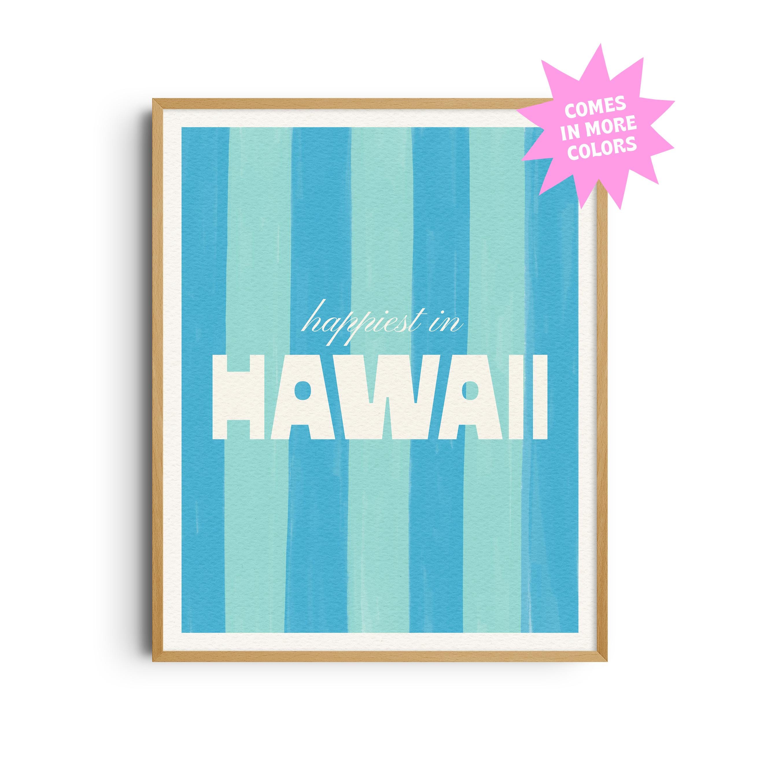Happiest in Hawaii Art Print, Retro Wall Art, Tropical Art, Striped Decor, Travel Poster, Oahu Honolulu, Maui, Maximalist Art, Colorful Art