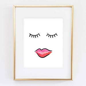 Impresión de labios fruncidos, ilustración de moda, arte mural de pestañas, arte mural de moda, impresión elegante, impresión de maquillaje, impresión de pestañas