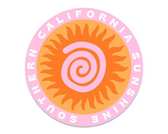 May include: A round sticker with a pink border and the words "SOUTHERN CALIFORNIA SUNSHINE" in white. Inside the border is a yellow-orange circle with a bright orange sun design and a pink spiral in the center.