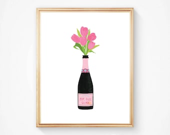 Champagne Wall Art, Bar Cart Art, Champagne Illustration, Kitchen Wall Art, Picture for Kitchen, Kitchen Decor, Pop Fizz Clink, Dorm Decor