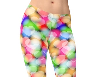 Rainbow Heart Print Leggings – Neon Bokeh Glow Pattern – High Waisted for Women