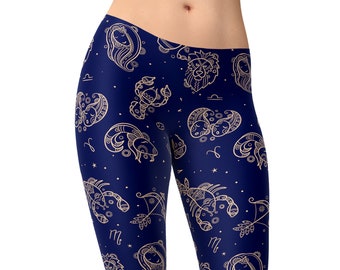 Leggings Zodiac - Estampado astrológico celestial azul marino y dorado, cintura alta para mujer