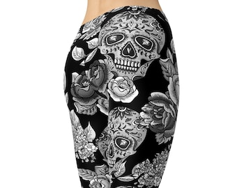 Sugar Skull Leggings – Black and White Calavera Floral Print – Gothic Yoga Pants for Women