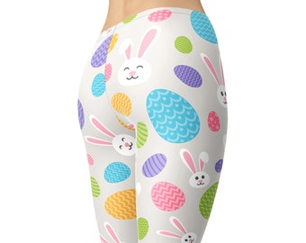Leggings de conejito de Pascua - Estampado de huevo en tonos pastel - Ropa deportiva de cintura alta