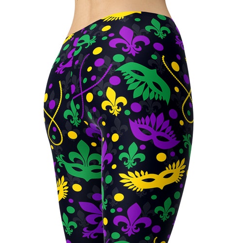 Mardi Gras Leggings Fat Tuesday Tights Carnival Cocktail Printed Festival High Waist Leggings Holiday Party Pants Gym Running Capri Leggings