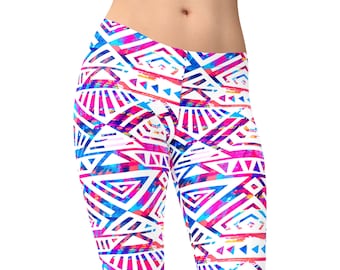 Neon legging met tribal print - rozeblauw geometrisch Azteeks patroon voor dames