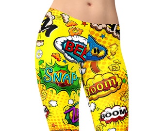Leggings con estampado de cómic – Efectos de sonido Boom Zap de arte pop amarillo