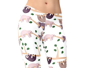 Sloth Print Leggings – White Sloths on Branches – Kawaii Animal Print