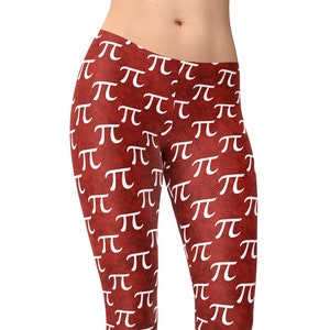 May include: Red leggings with a white pi symbol pattern. The leggings are shown on a model.
